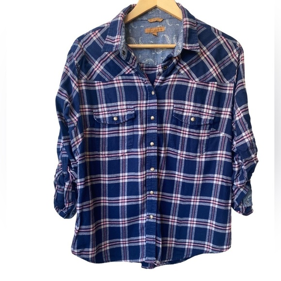 Plaid Flannel Blue Red Boys Style Jachs Girlfriend Button Down Shirt Size Large - Picture 2 of 10